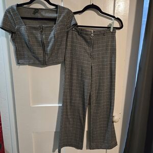 Wild Fable Black and White Plaid Set Size Small Wide Leg Pants & Crop Top w/ Zip